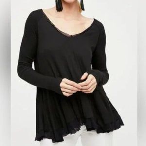 Free People Black Tangerine V-neck Long Sleeve Layered Hem Flowy Top S
